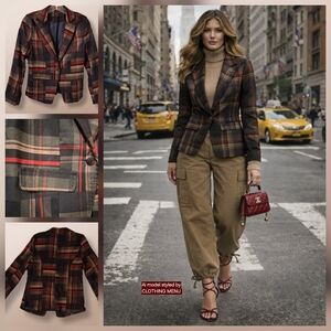Vintage Plaid Waist-Length Blazer - Checkered Jacket Women Size:Small